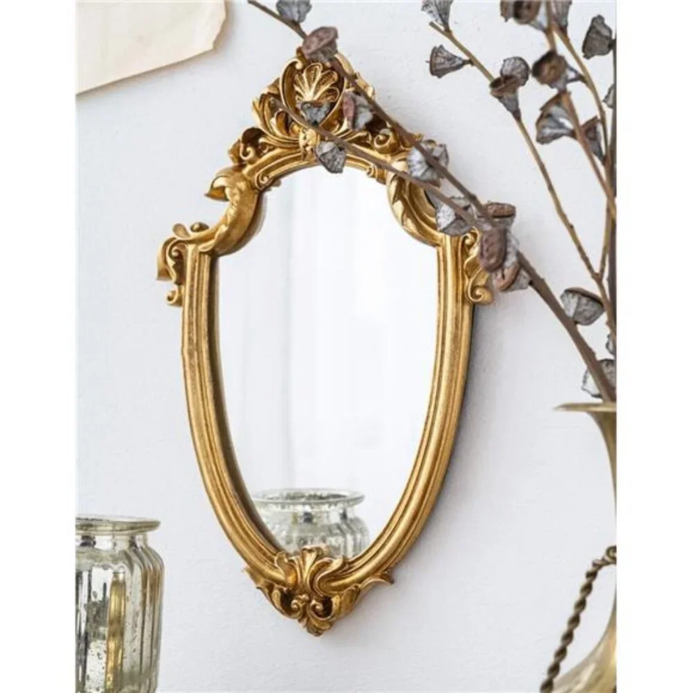 Vintage 11.6 x 9 Inch Very Small Decorative Wall Mirror Gold Shield Shape